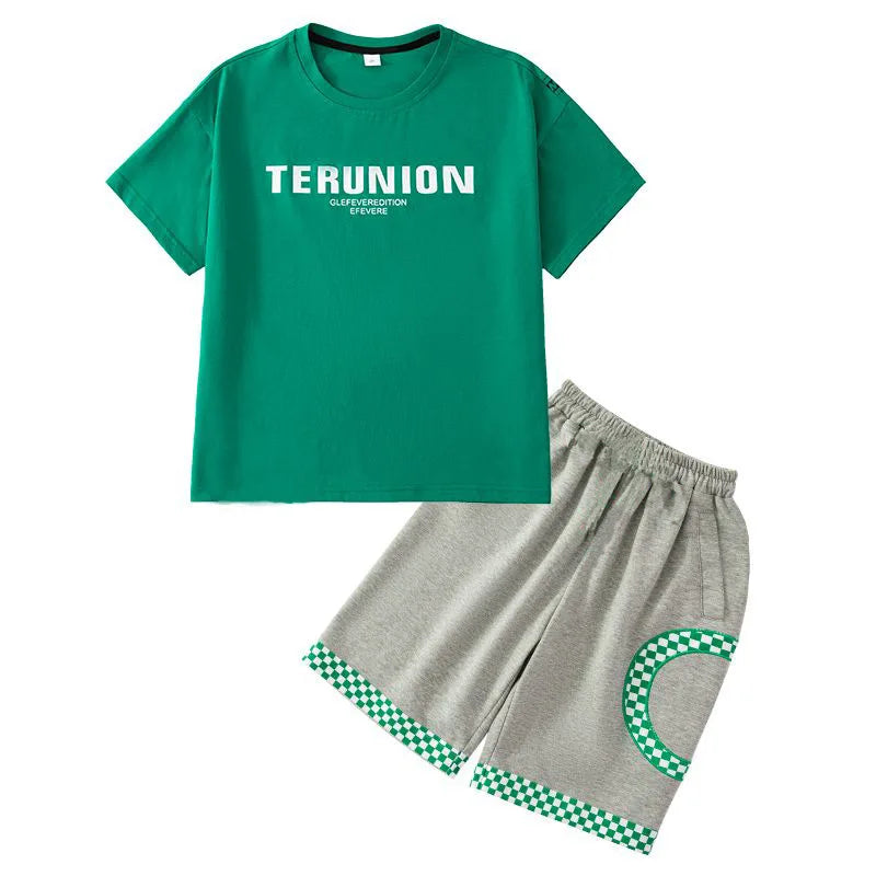Green t-shirt with 'TERUNION' text and gray shorts on a white background
