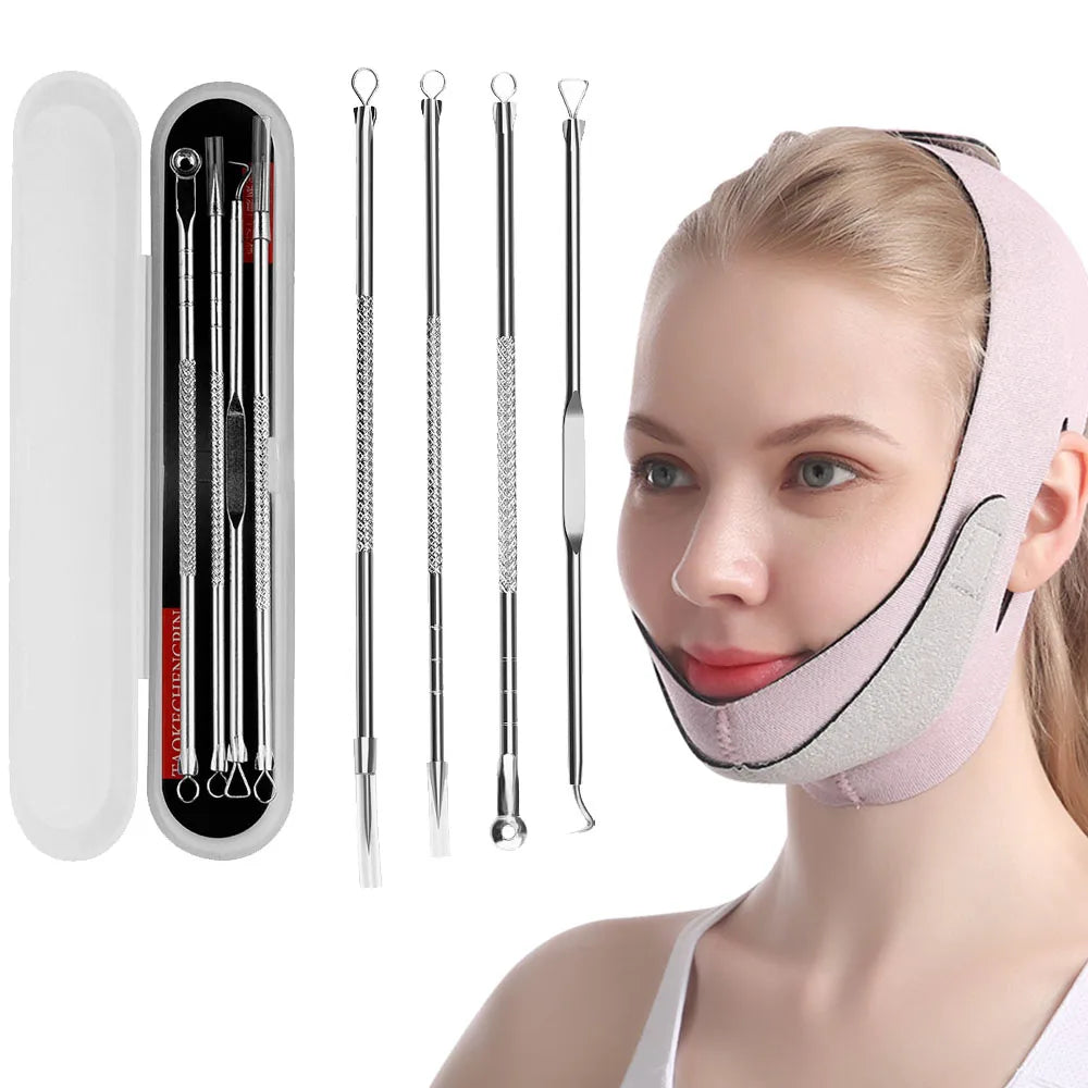 EMS Face Slimming Bandage V-Line Face Shaper - pink 3 with acne needles