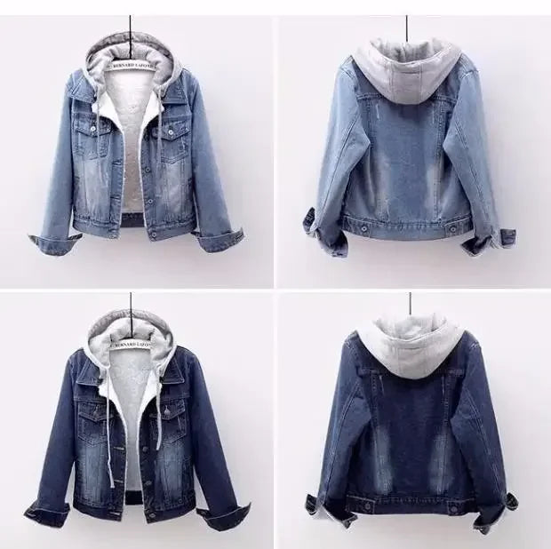 Blue denim jacket with white hoodie on a mannequin against a white background