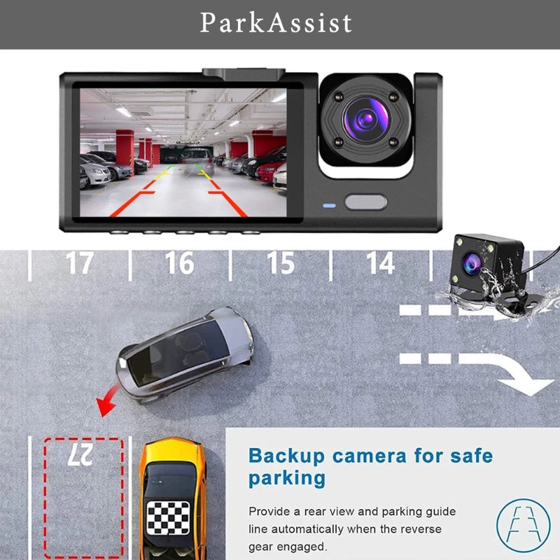 3-channel car dash camera with 1080P HD recording, 3-lens system for front, inside, and rear coverage – perfect for driving safety and surveillance - park assistant
