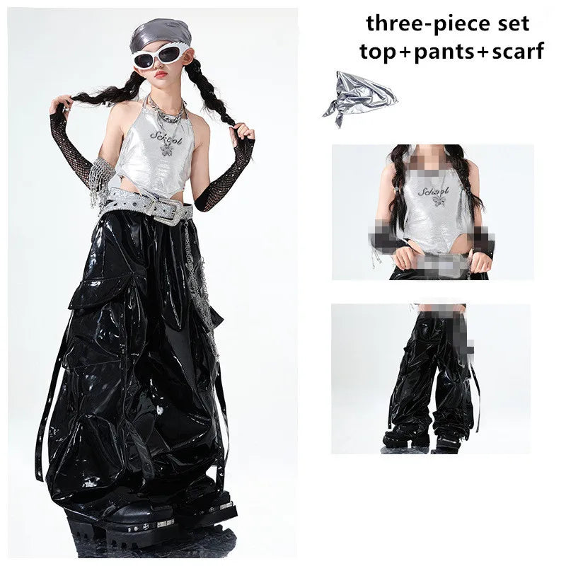 Three-piece outfit set with top, pants, and scarf on a model and close-up insets.