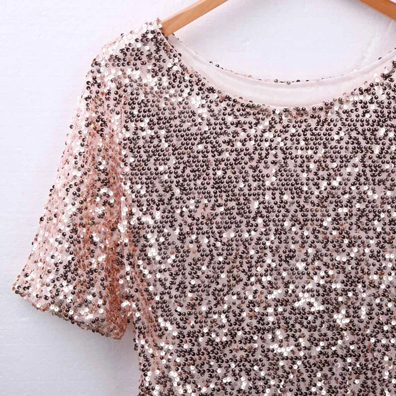 Sloping Shoulder Sequin Tee – Chic Streetwear