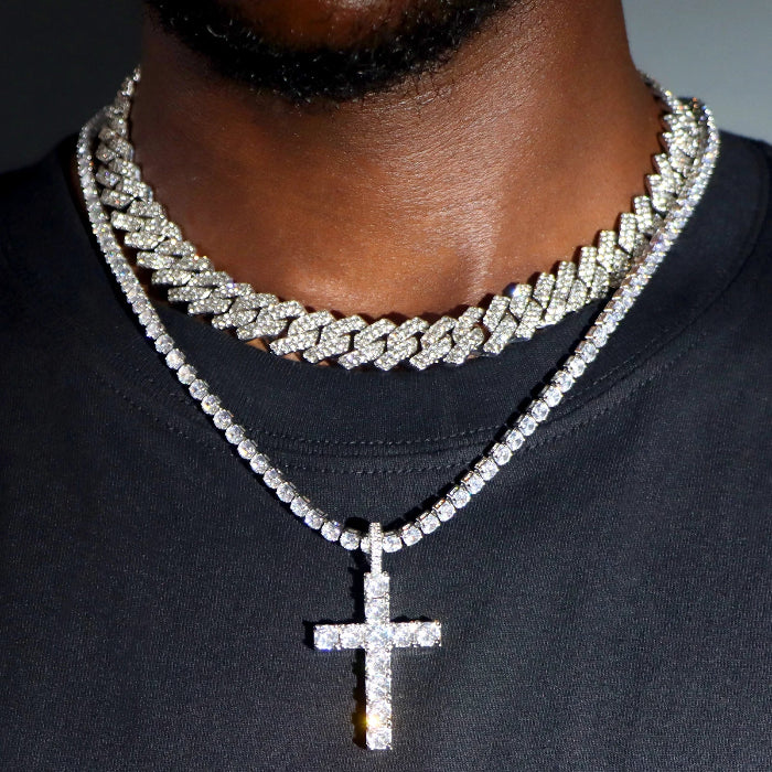 2pcs iced out hip hop Cuban chain and cross tennis necklace for men and women  - 02