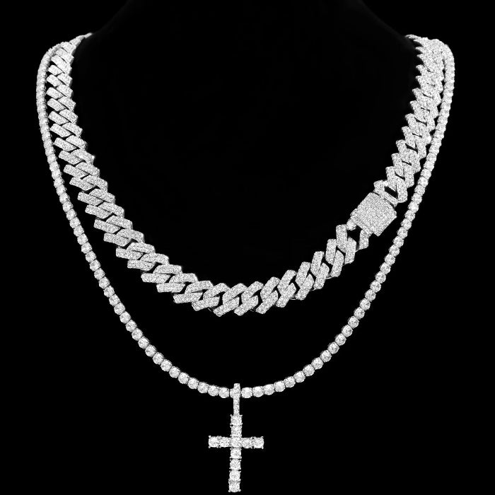 2pcs iced out hip hop Cuban chain and cross tennis necklace for men and women  - 002