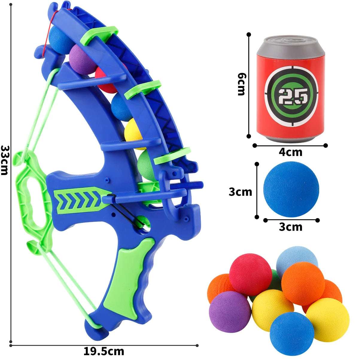 Colorful toy archery set with dimensions and additional items on a white background
