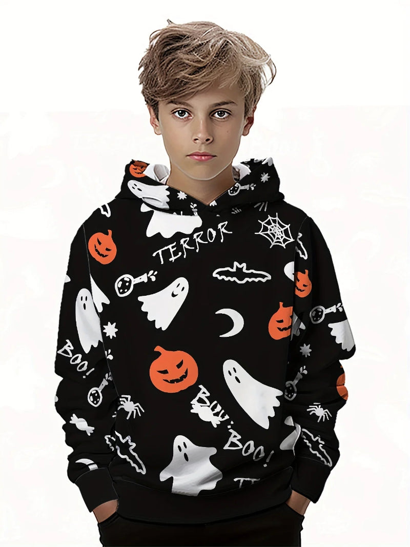 Black hoodie with Halloween-themed graphics worn by a person on a white background