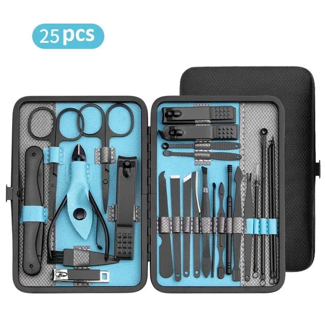 A 25-piece manicure set displayed in an open black case with yellow accents, including various nail clipppers, scissors, and other nail care tools.