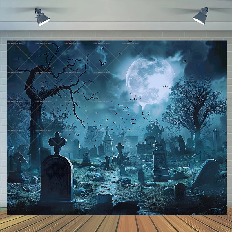 Gothic-style cemetery with moonlit sky and bats, displayed as a wall mural.