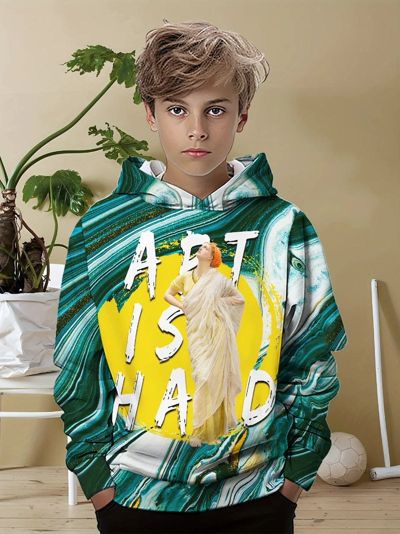 A boy wearing a black hoodie with a 3D print of a toy bear wearing sunglasses.