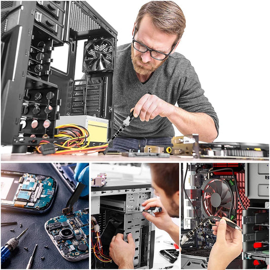 Collage of a person assembling or repairing a computer with close-ups of hands and components.