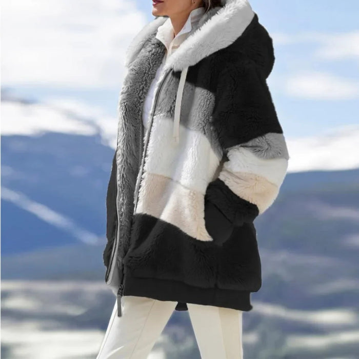Faith Winter Fashion Women's Hooded Thick Cashmere Coat with Plaid Stitching - Black