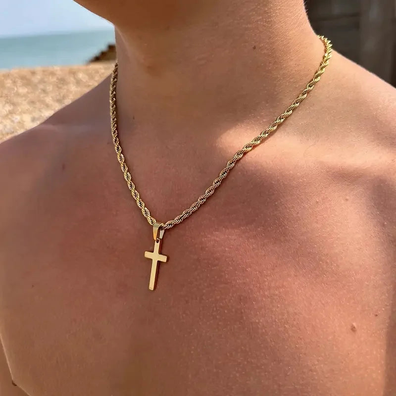 Unisex's cross pendant necklace with gold plated silver color simple twisted chain, fashionable jewelry for beach or party gift gold 06