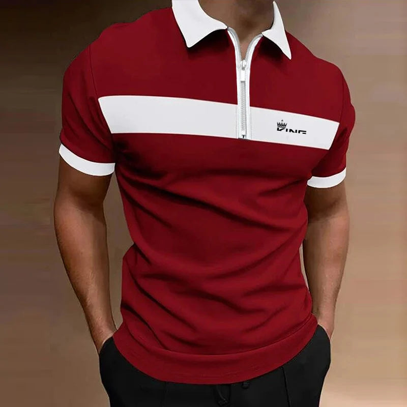 Red polo shirt with white stripes and collar on a blurred background