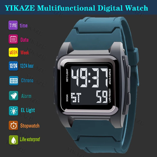 YIKAZE Multifunctional Digital Watch with features listed on a dark background