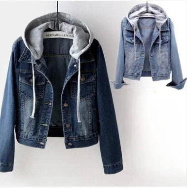 Denim jacket with gray hoodie on a white background