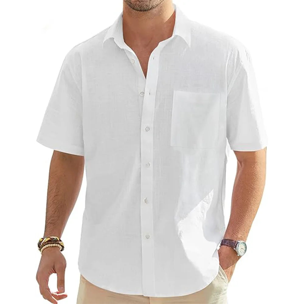 Men’s cotton linen short sleeve shirt with pocket, lightweight summer beachwear casual button shirt -  white