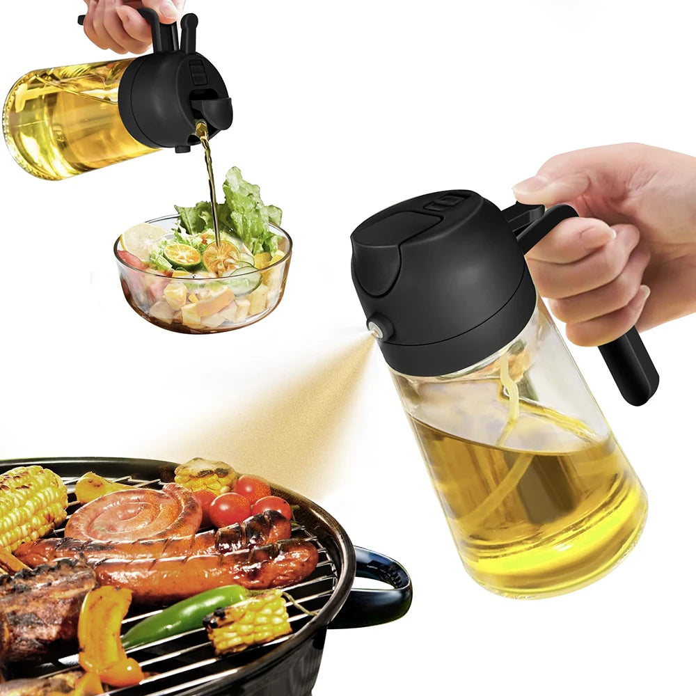 Oil sprayer being used on a salad and grill with a white background