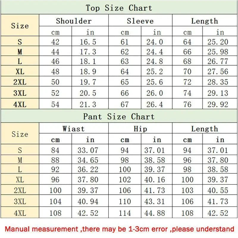 Size chart for shirts and pants with measurements in centimeters and inches.