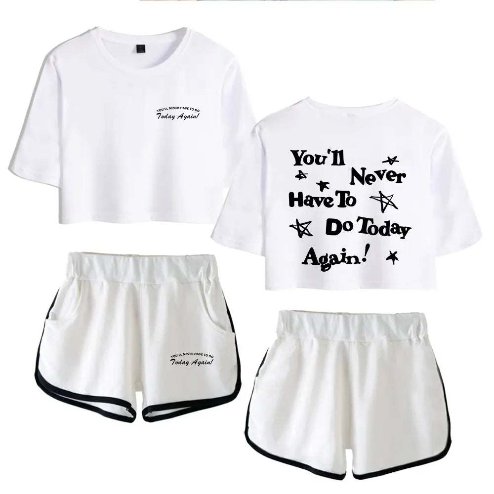 White t-shirt and shorts set with text design on a white background