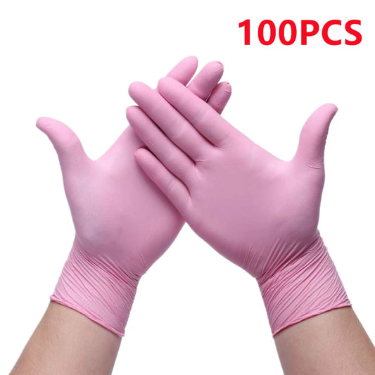 Pair of pink gloves with '100PCS' text on a white background