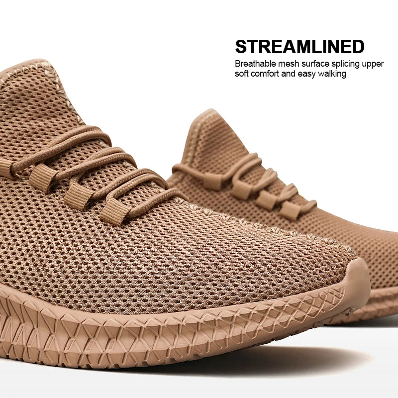 Men’s breathable knit lace-up sneakers with non-slip sole on outdoor trail brown