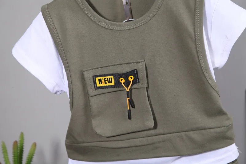 Green sleeveless jacket with a patch on a white background