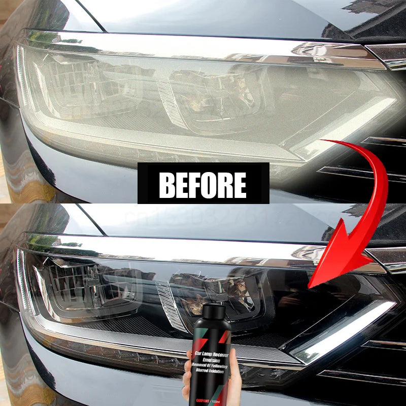Before and after comparison of a car headlight with a cleaning product application.