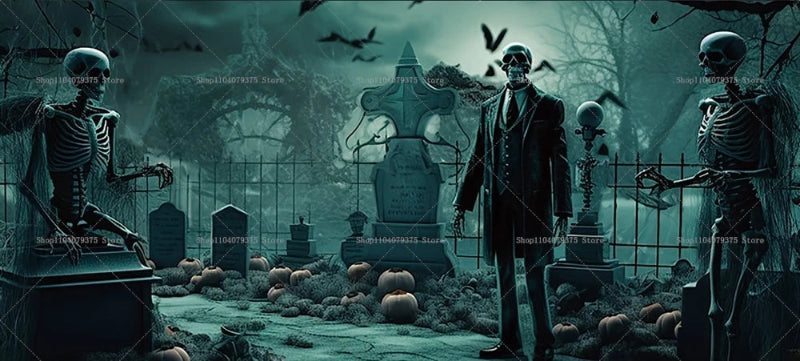 Gothic scene with a man in a suit standing between skeletons in a cemetery.