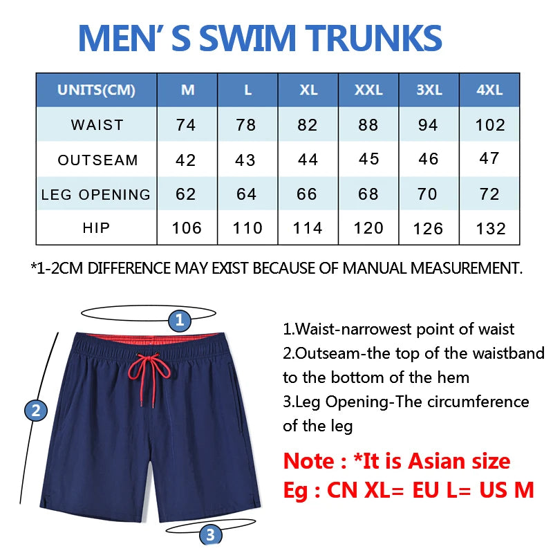 Men's swim trunks size chart with measurements and a navy blue swim trunk illustration.