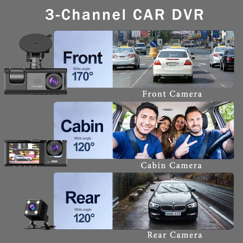 3-channel car dash camera with 1080P HD recording, 3-lens system for front, inside, and rear coverage – perfect for driving safety and surveillance - car dvr