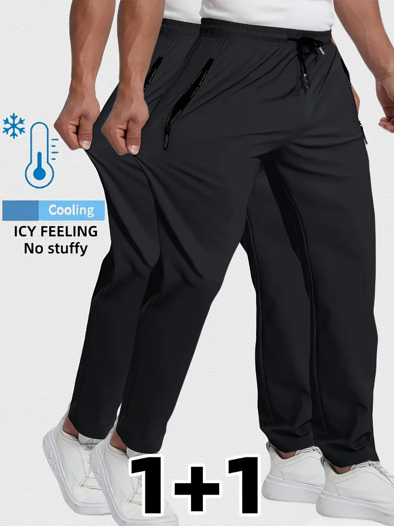 Black pants being worn on a white background with text indicating cooling properties.