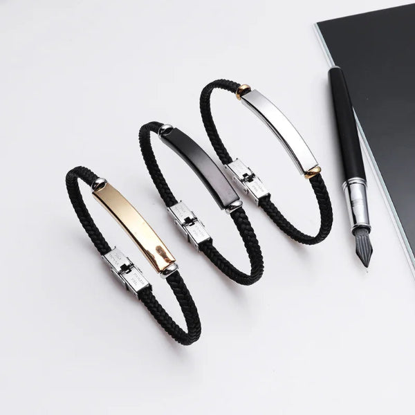 Personalized thin leather ID bracelet with custom name plate for men and women – stainless steel, punk-style accessory gold black silver