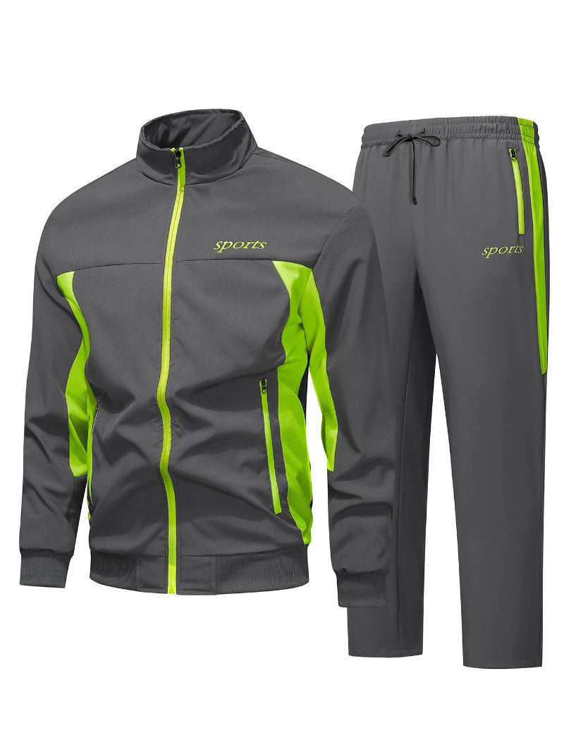 Gray and green sports outfit with 'sports' branding on a white background