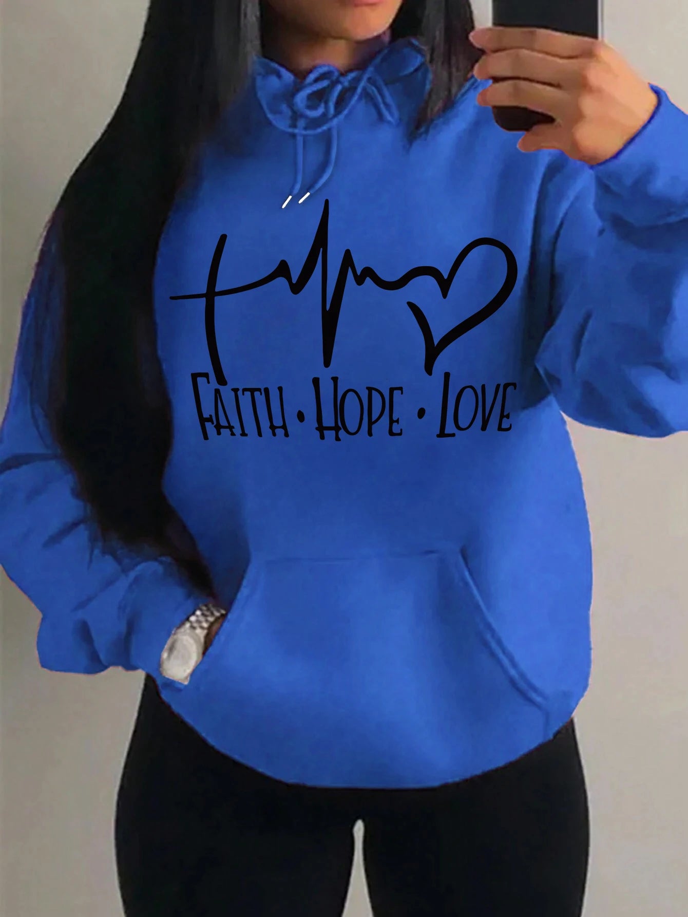 Faith Hope Love Letter Graphic Women’s Hoodie - Street Casual Sweatshirt- ; blue