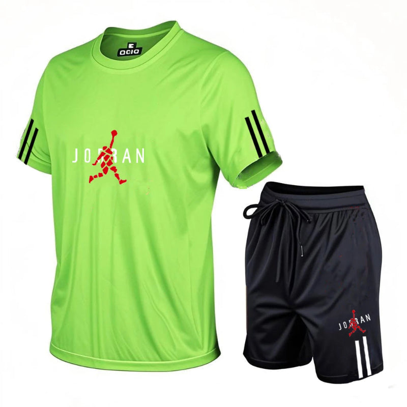 Green t-shirt and black shorts with Jordan logo on a white background