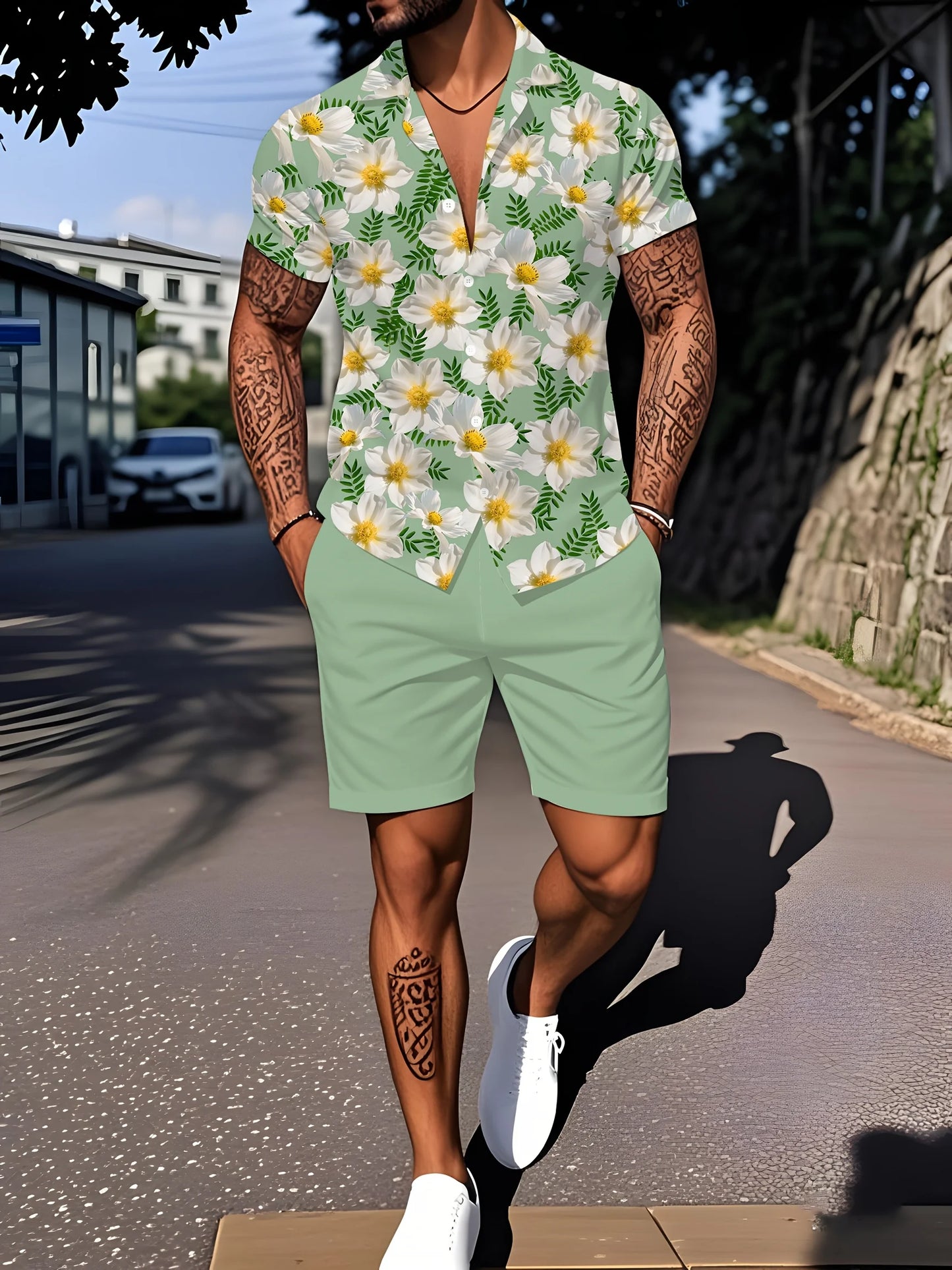 Person wearing a floral shirt and green shorts standing on a street.