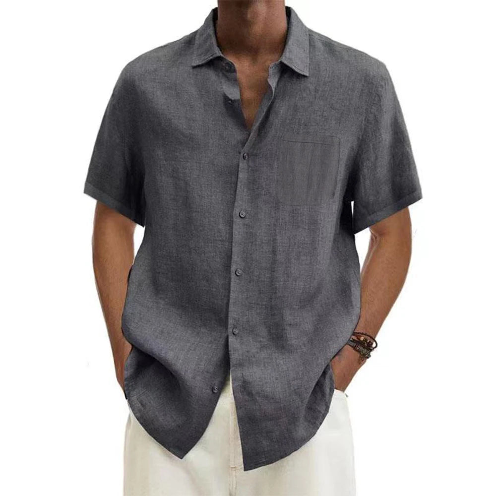 Men’s cotton linen short-sleeve shirt with turn-down collar in solid color, casual beach style, plus size available, lightweight summer top. - gray