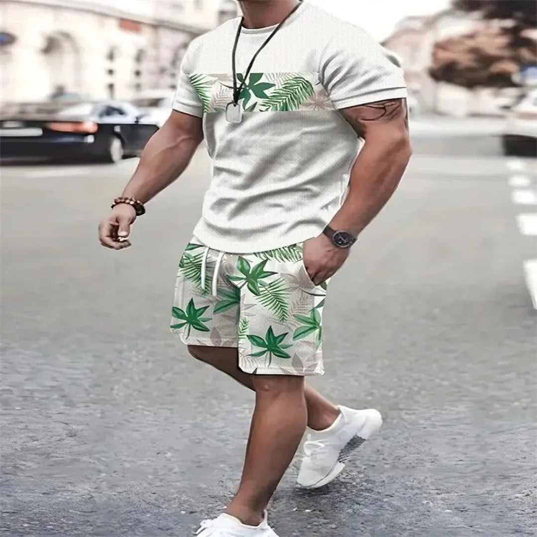 Men's crewneck T-shirt and shorts. - white green