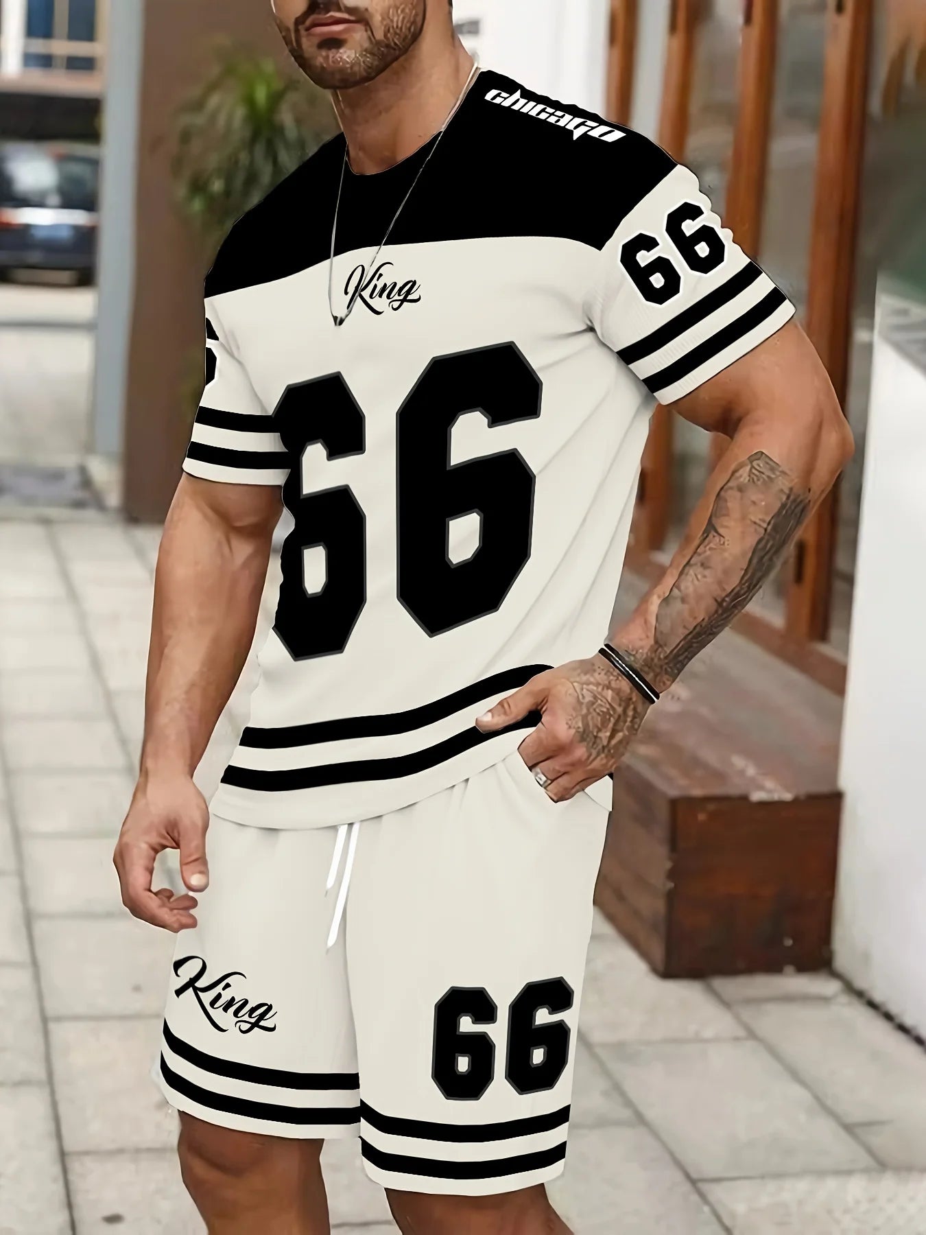 Men's set No. 66 letter print T-shirt and short. - set2