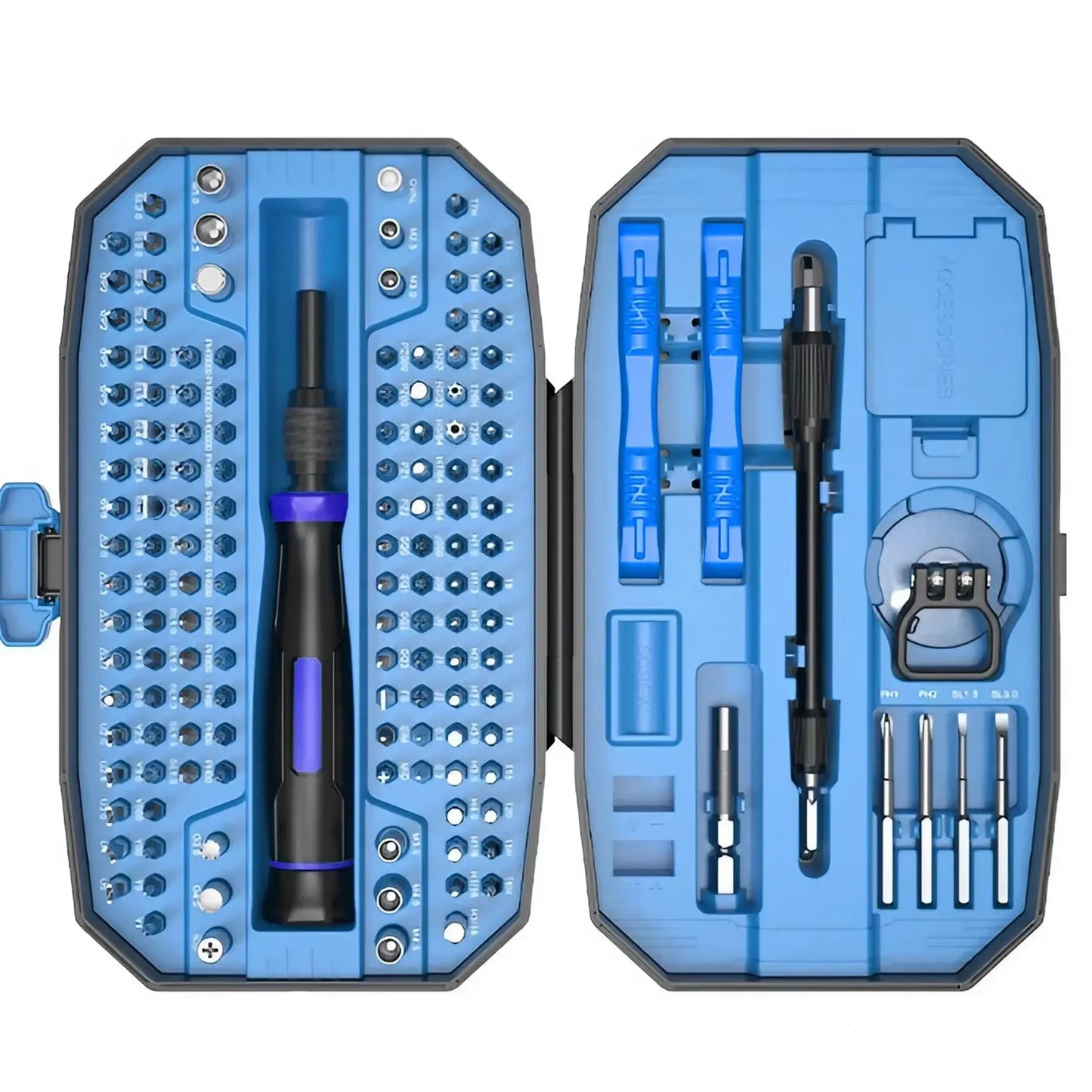 Blue screwdriver set with various bits in a case on a white background