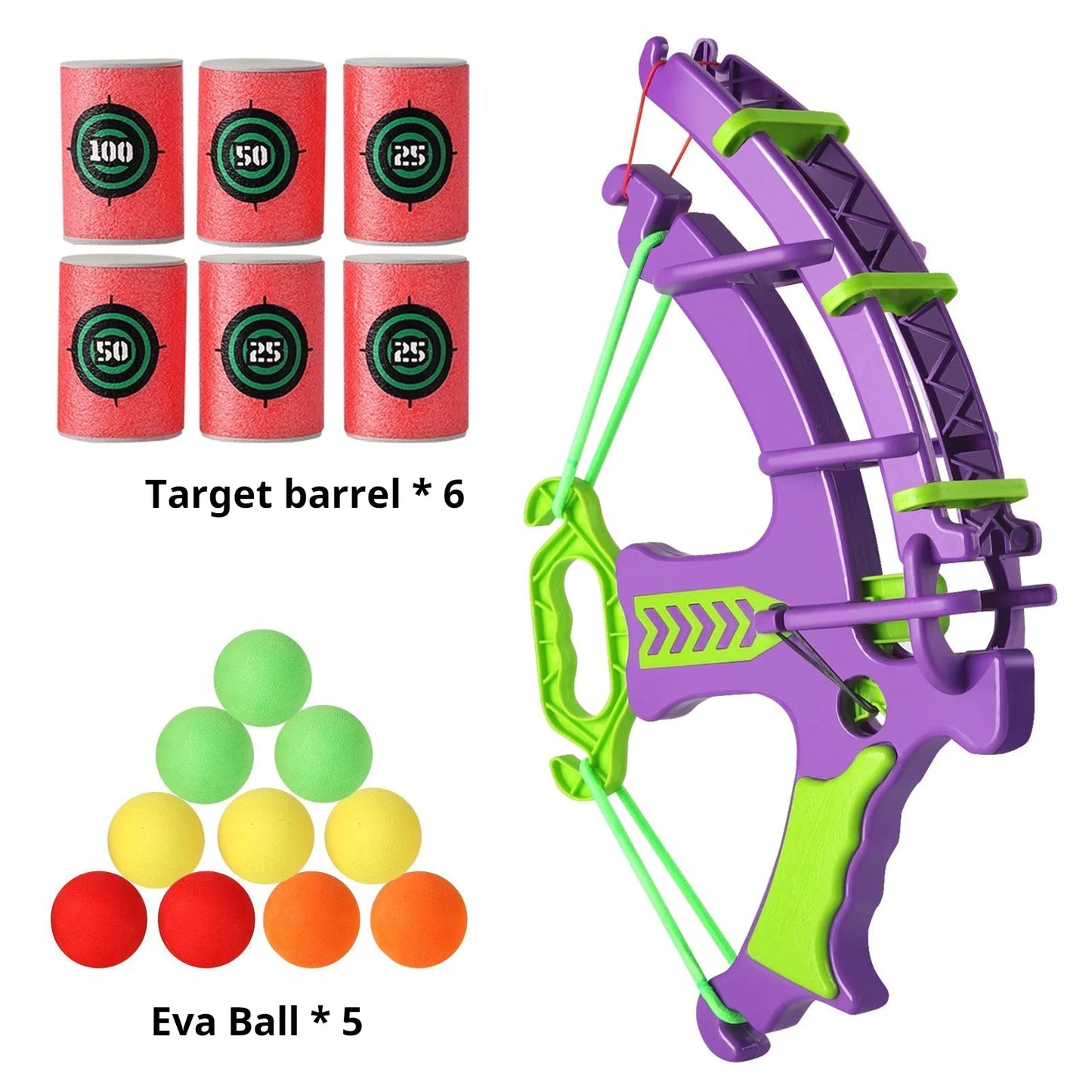 Purple and green toy bow and arrow set with target barrels and colorful foam balls on a white background.