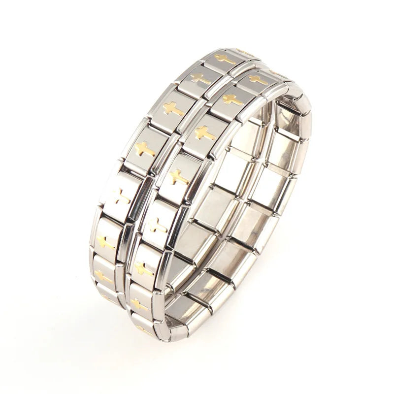 Fashion Stainless Steel Stars Cross Elastic Italian Links Charm Bracelet 9mm Width Simple Design Bangle Men Women DIY Jewelry