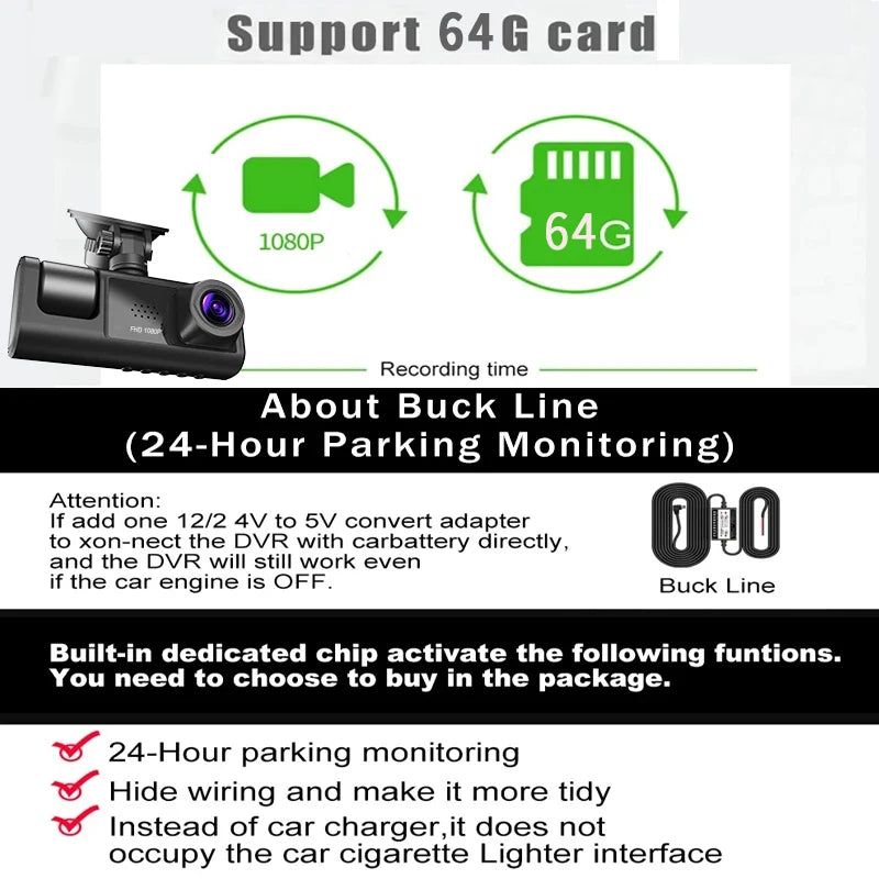 3-Lens Inside Vehicle Dash Camera - 64 g card
