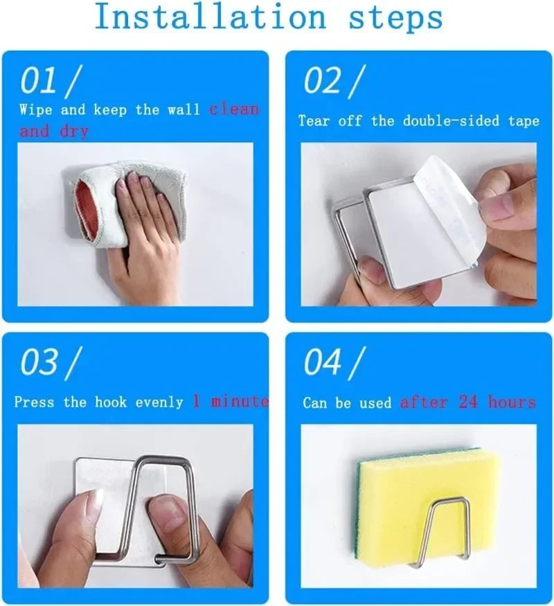 Stainless steel self-adhesive kitchen sink sponge holder wall hook  - installation
