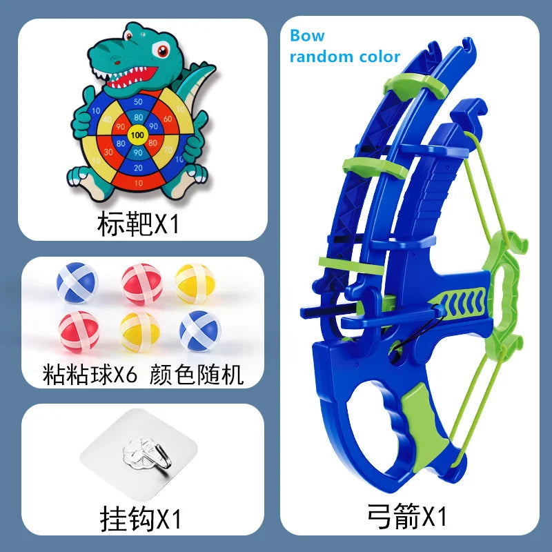 Toy bow and arrow set with target and colorful balls on a blue background