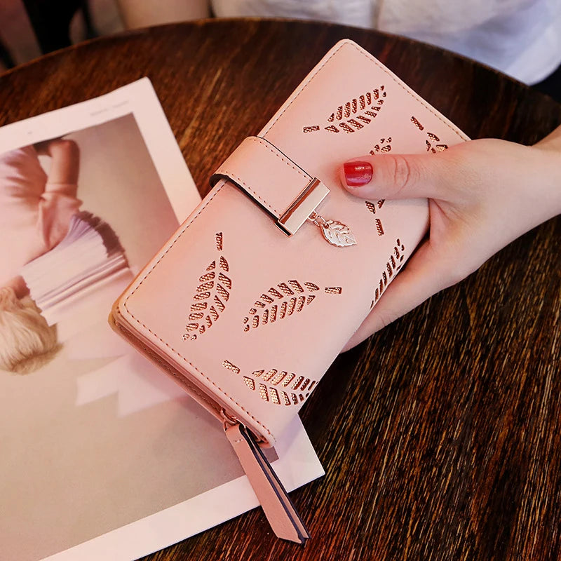 Women Wallet Hollow Golden Leaf 7 pink