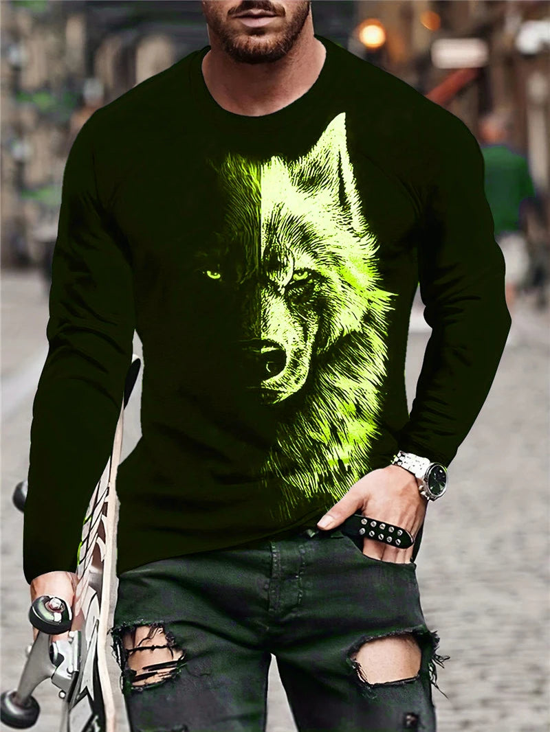 Person wearing a black long-sleeve shirt with a green wolf graphic on a blurred street background