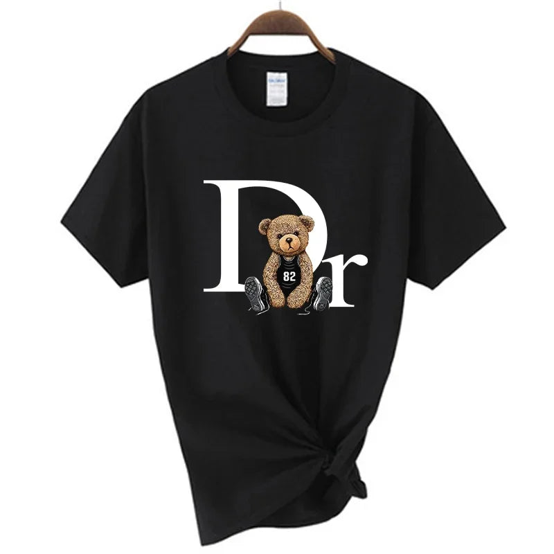 Luxury brand-inspired women’s T-shirt with cute bear print graphic, perfect for casual summer fashion wear black