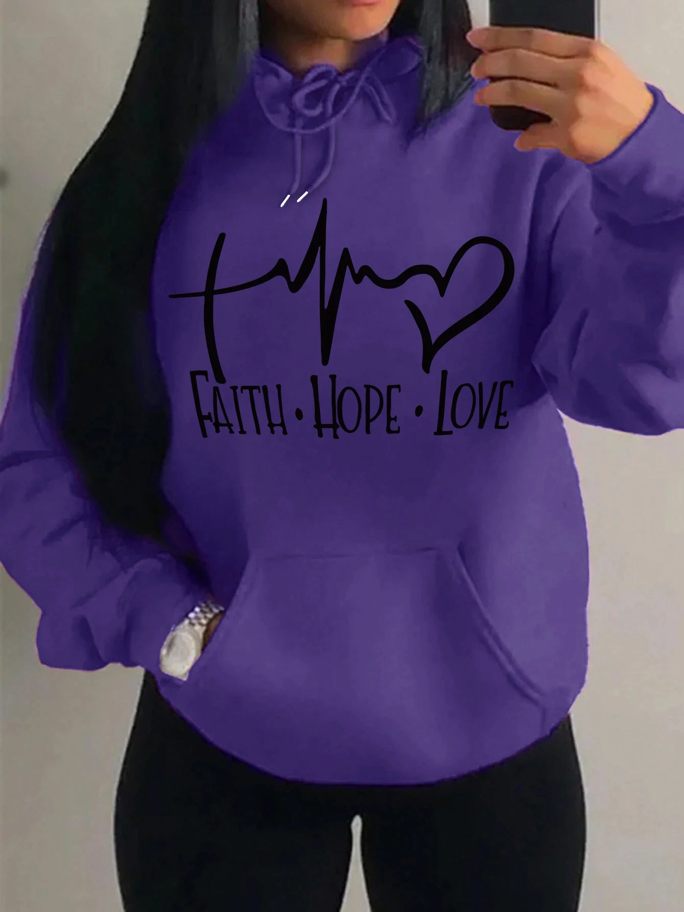 Faith Hope Love Letter Graphic Women’s Hoodie - Street Casual Sweatshirt- purple
