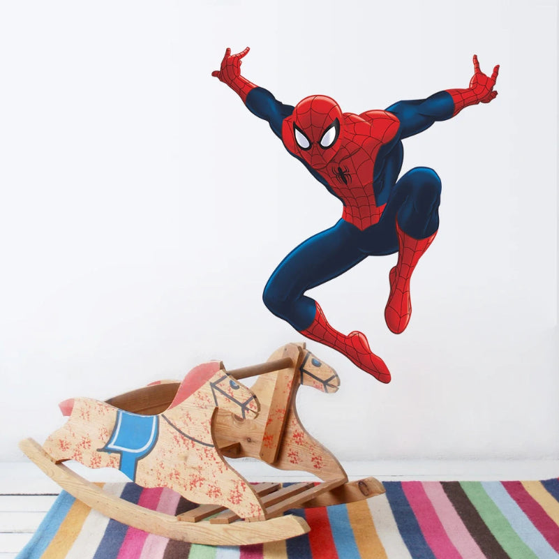 Spider-Man wall decal jumping over a wooden rocking horse on a striped rug.